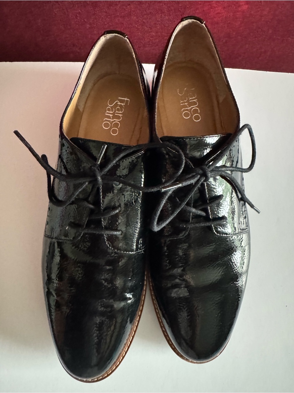 Franco Sarto Women’s  Black Patent Lace-Up Oxfords. Chunky heel 1 1/4 inch.